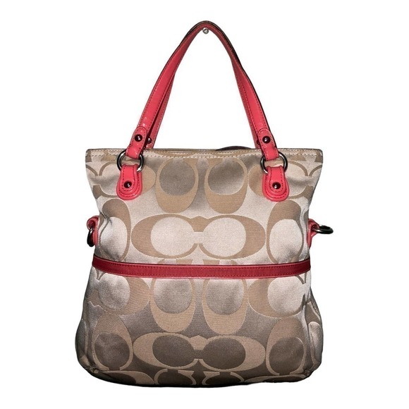 Coach Canvas Signature Horses and Carriage Hobo Tote Bag- Pink/Khaki - Picture 2 of 16